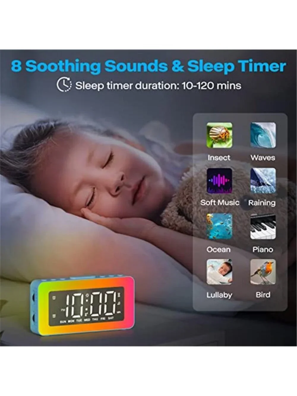 LED Alarm Clock Digital Mirror Display RGB Night Light Dual Alarm USB Charger